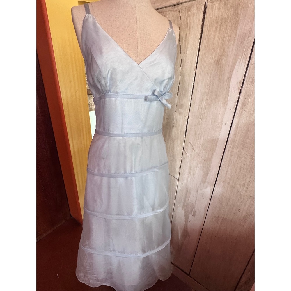 Alfred Sung Ice Blue Tiered Cocktail Dress V-Neck Bow Detail Size 4 Style 320